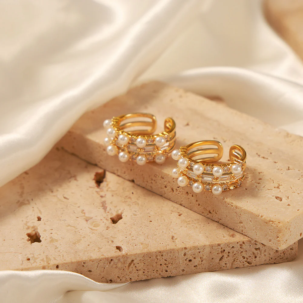 Dainty Diamond Two Row Pearl Ring