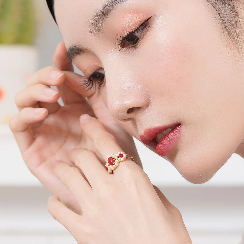 Red Onyx And Pearl Ring