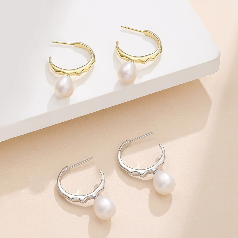 C Hoop Teardrop Pearl Earrings