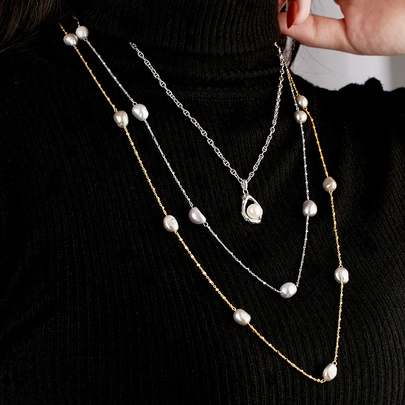 Long Pullable Natural Grey Baroque Pearl Necklace