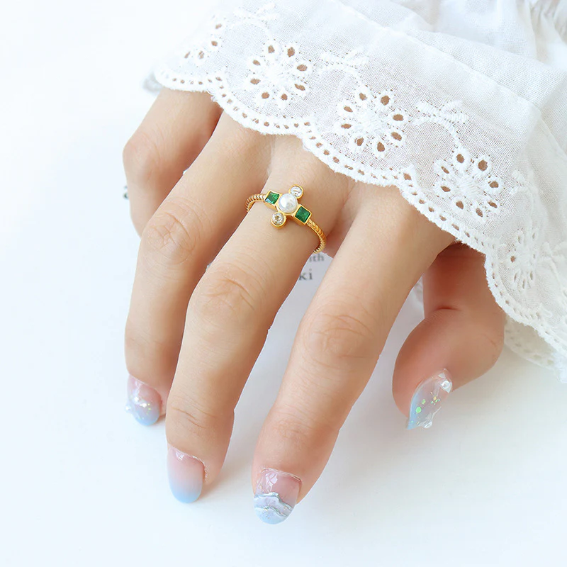 Emerald Zircon and Pearl Cross Ring
