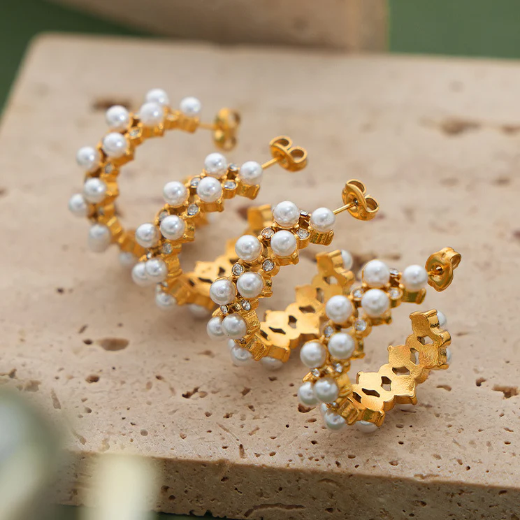 Geometric C Shape Inlay Diamond and Pearl Earring