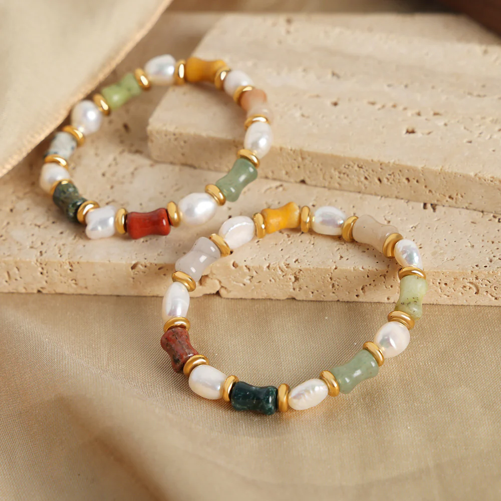 Natural Color Stone and Baroque Pearl Bracelet