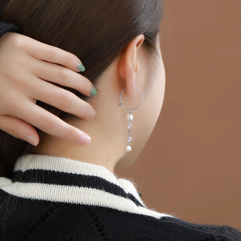 AB Style Asymmetric Hoop Pearl Drop Earrings