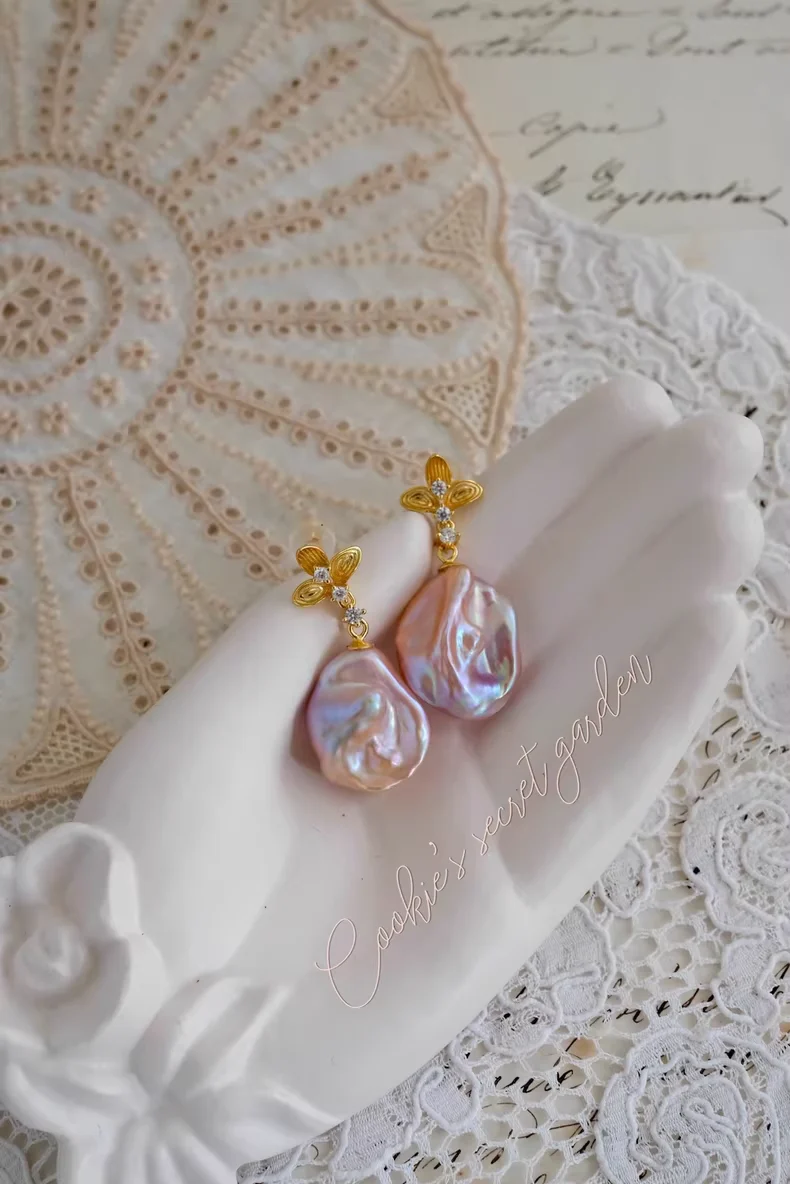 【Monet Garden Collection】 Handmade Iridescent Pink Baroque Pearl Earrings