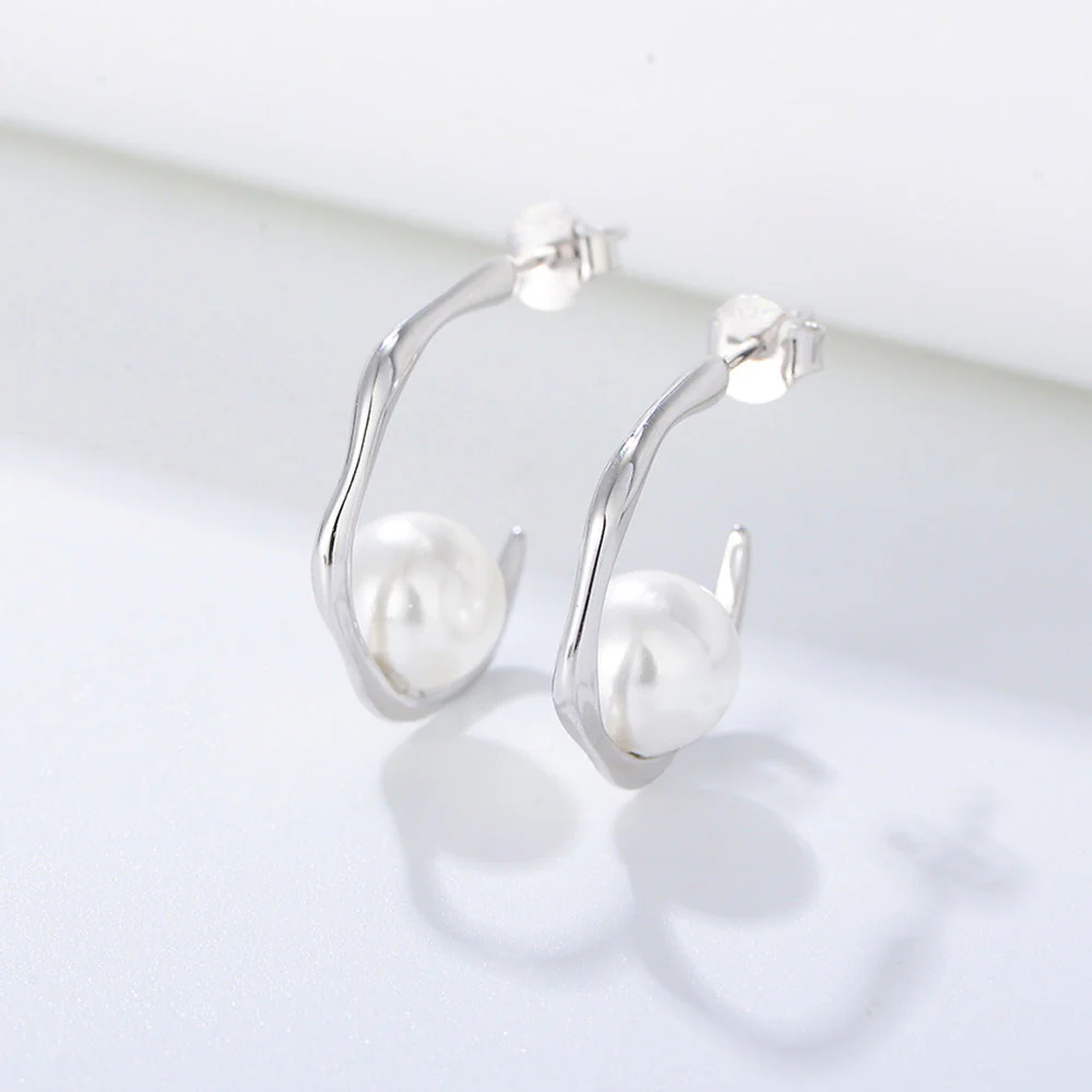 Geometric C Shape Pearl Earrings