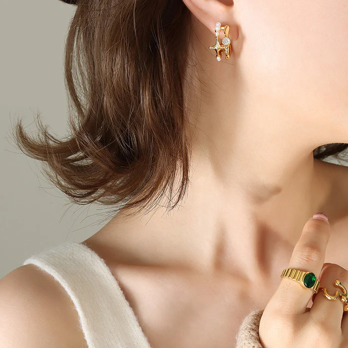 Elegant C Shape Diamond and Pearl Earrings