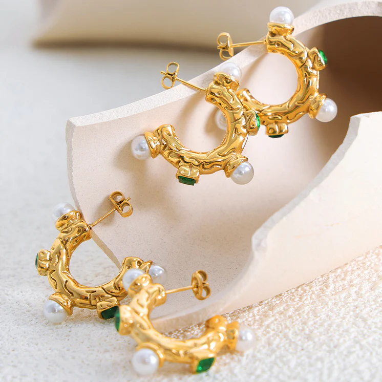 C Shape Emerald and Pearl Earrings