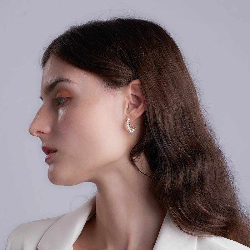 Pearl Half Hoop Earrings With Diamond