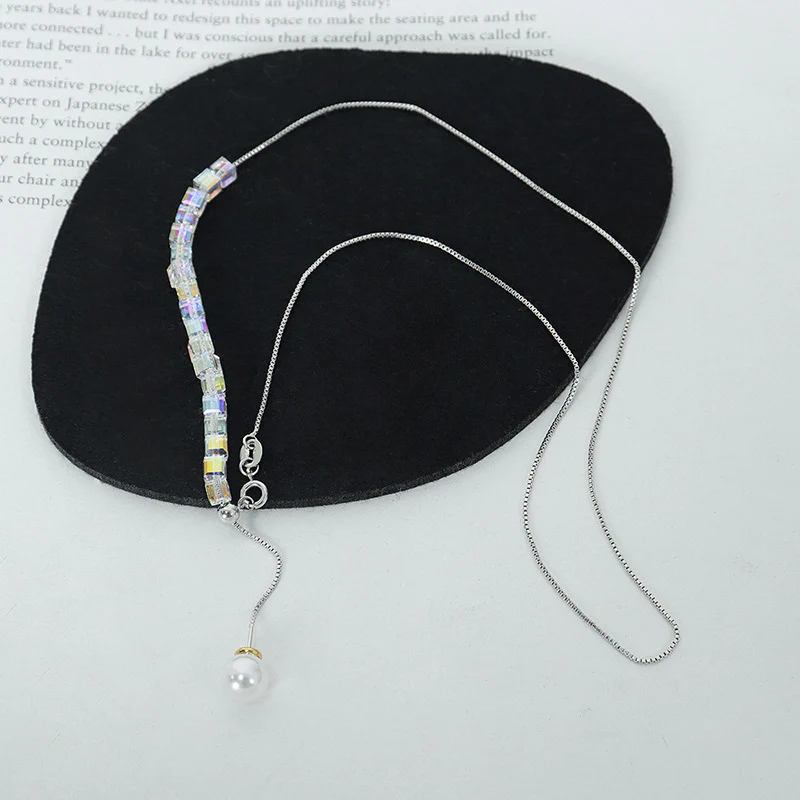 Adjustable Crystal Cube Pearl Drop Necklace