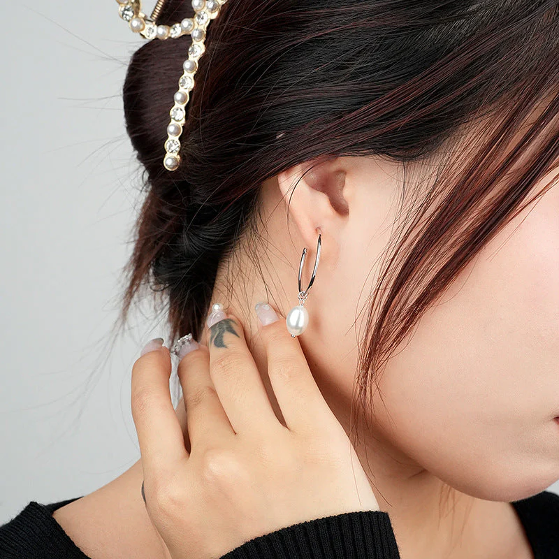 Gold Hoop Pearl Drop Earrings