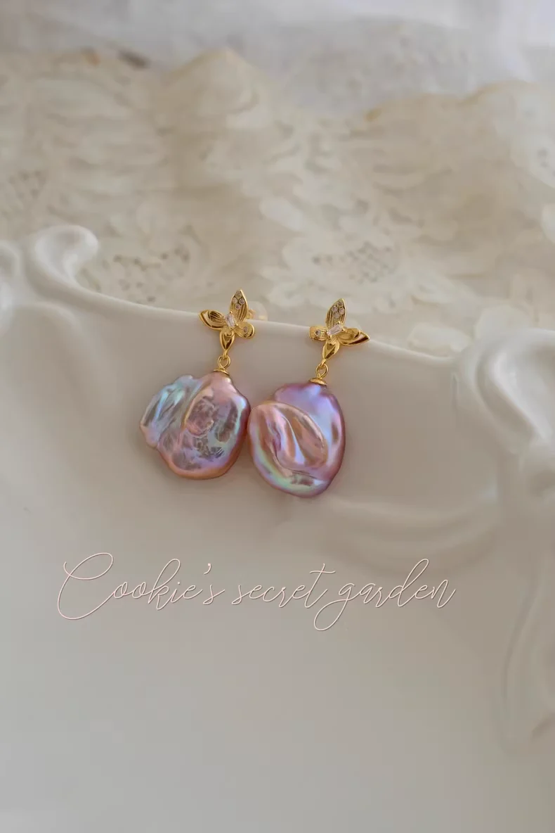 【Monet Garden Collection】 Handmade Butterfly Purple Baroque Pearl Earrings