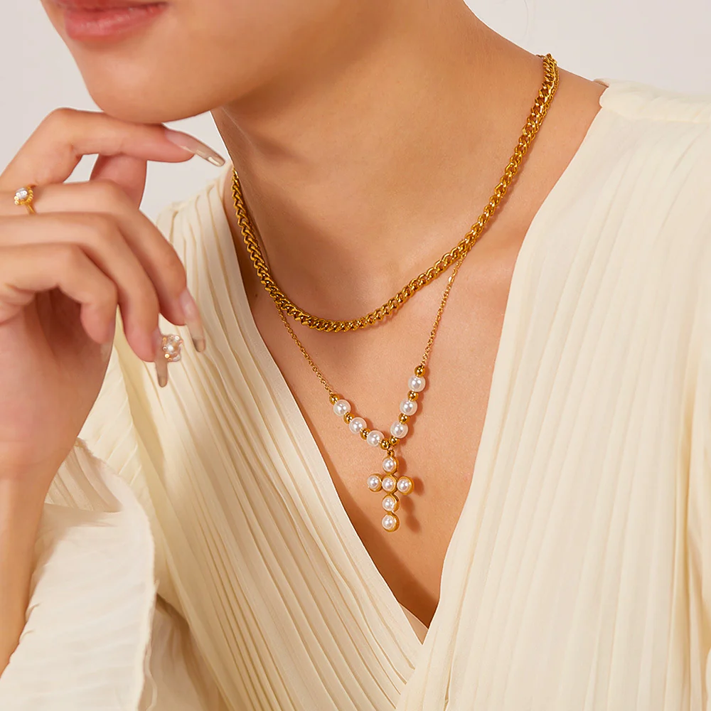 Two Layer Stacked Pearl Cross Pendant Necklace