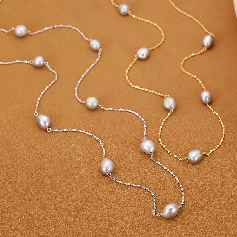 Long Pullable Natural Grey Baroque Pearl Necklace