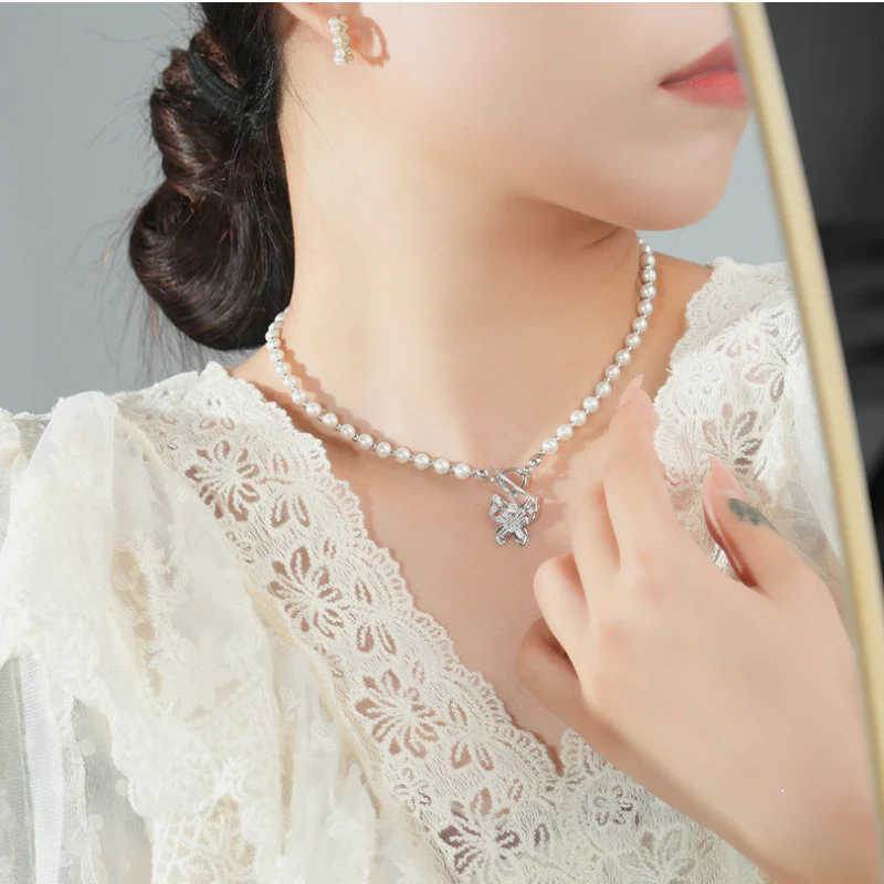 Zircon Butterfly Pendant Pearl Necklace