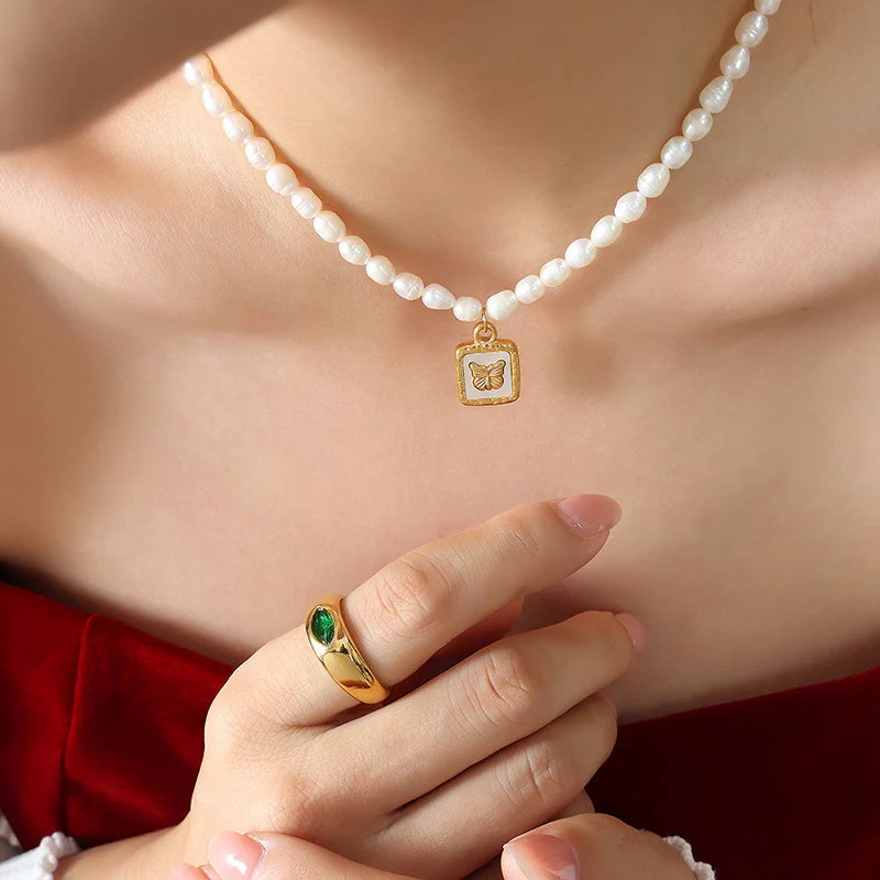 Embossed Butterfly Inlay Mother of Pearl Pendant Necklace