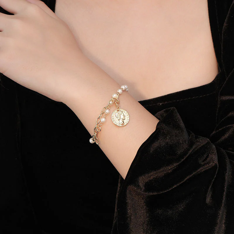 Vintage Portrait Coin Pearl Bracelet