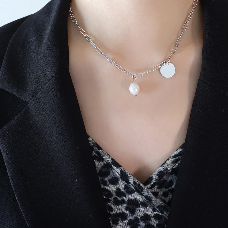 Gold Paperclip Chain Necklace With Coin Pendant Pearl Charm