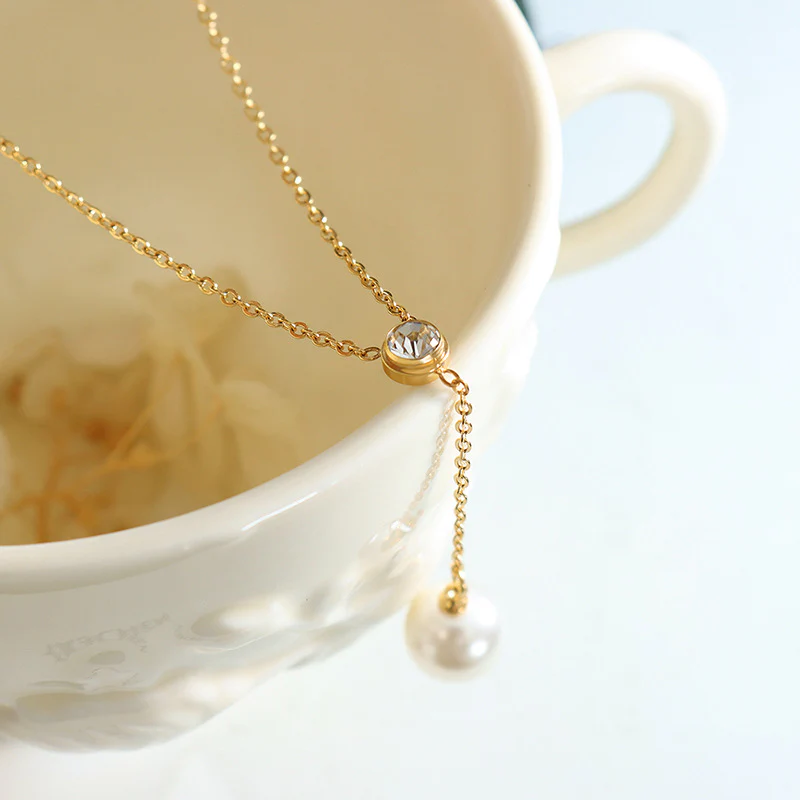 Dainty White Zircon Pearl Drop Y Necklace