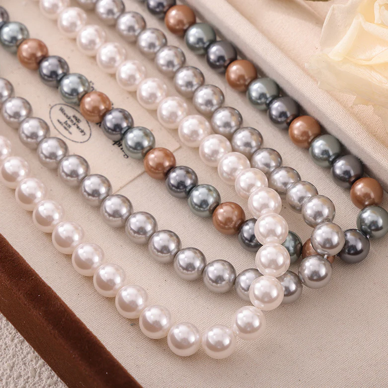8mm 10mm 12mm White Grey Brown Pearl Bead Necklace