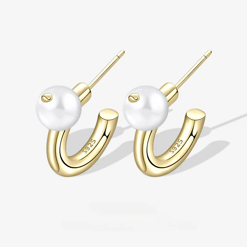 Simple C Hoop Pearl Stud Earrings