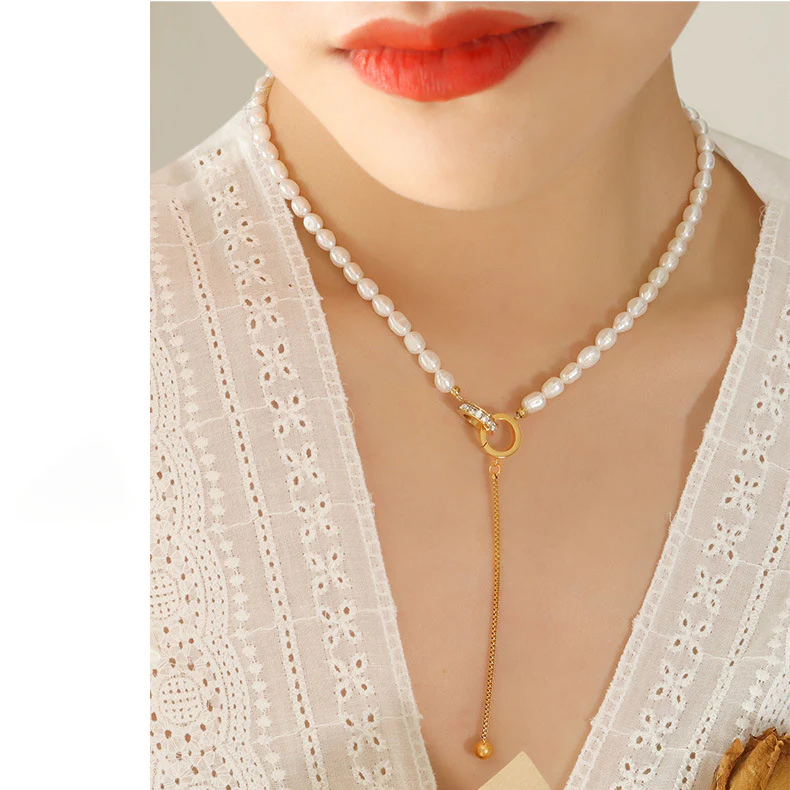 Two Rings Buckle Drop Pendant Freshwater Pearl Y Necklace