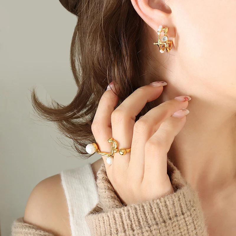 Elegant C Shape Diamond and Pearl Earrings