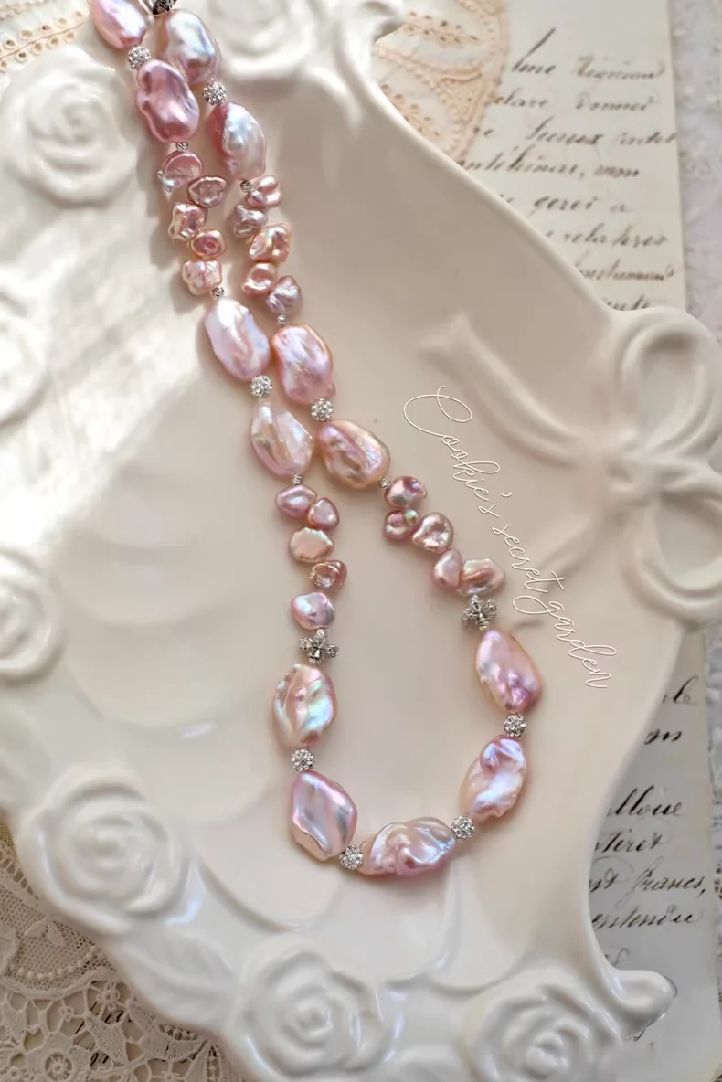 【Monet Garden Collection】 Handmade Ice Rose  Baroque Pearl Necklace