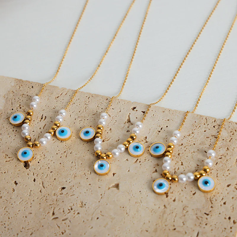 Floating Pearl and Evil Eye Necklace