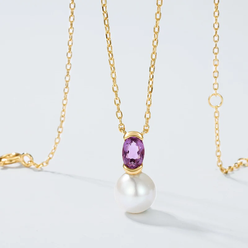Natural Freshwater Pearl and Purple Crystal Pendant Necklace