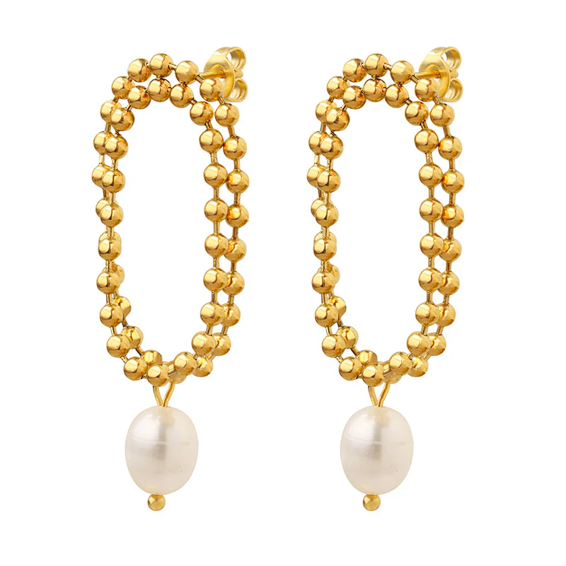 Double Gold Beads Chain Freshwater Pearl Drop Earrings