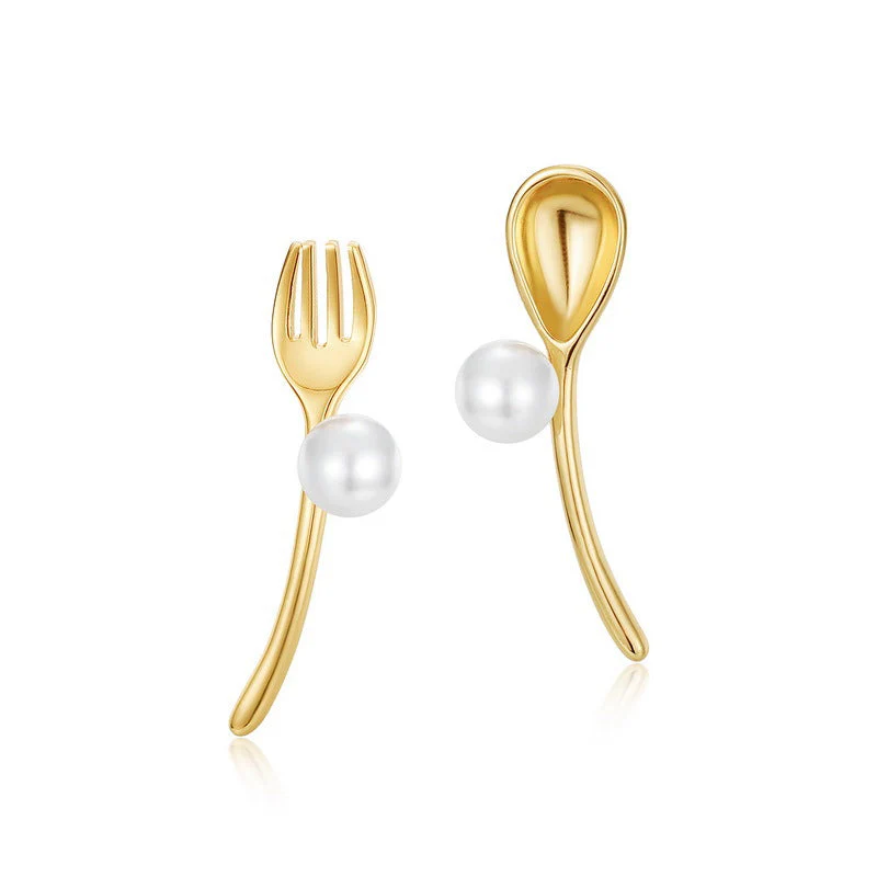 Asymmetric Fork And Spoon Pearl Earrings