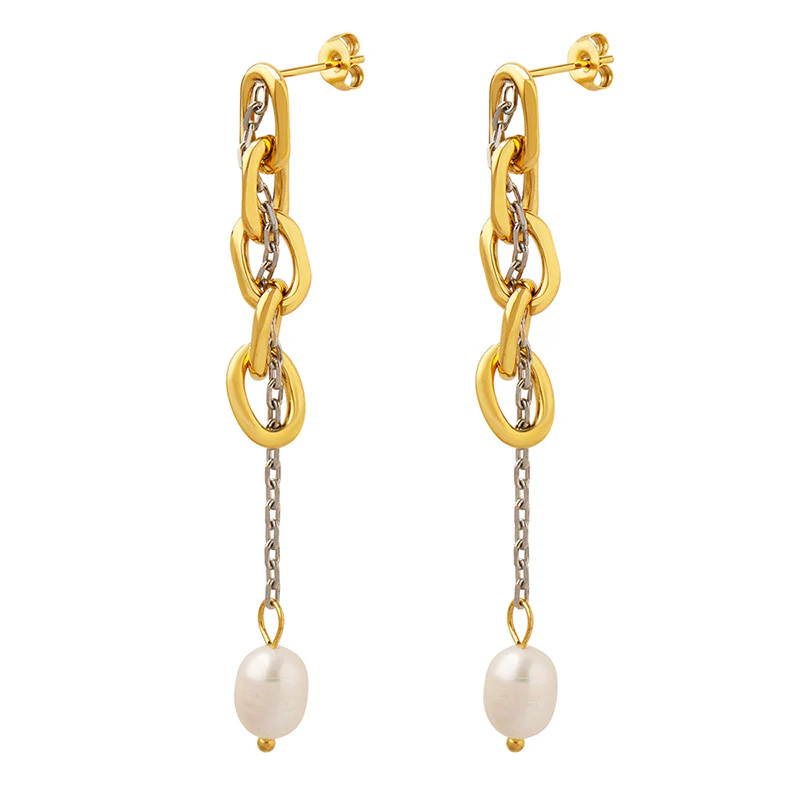 Gold Silver Mixing Chain Tassel Pearl Drop Earring