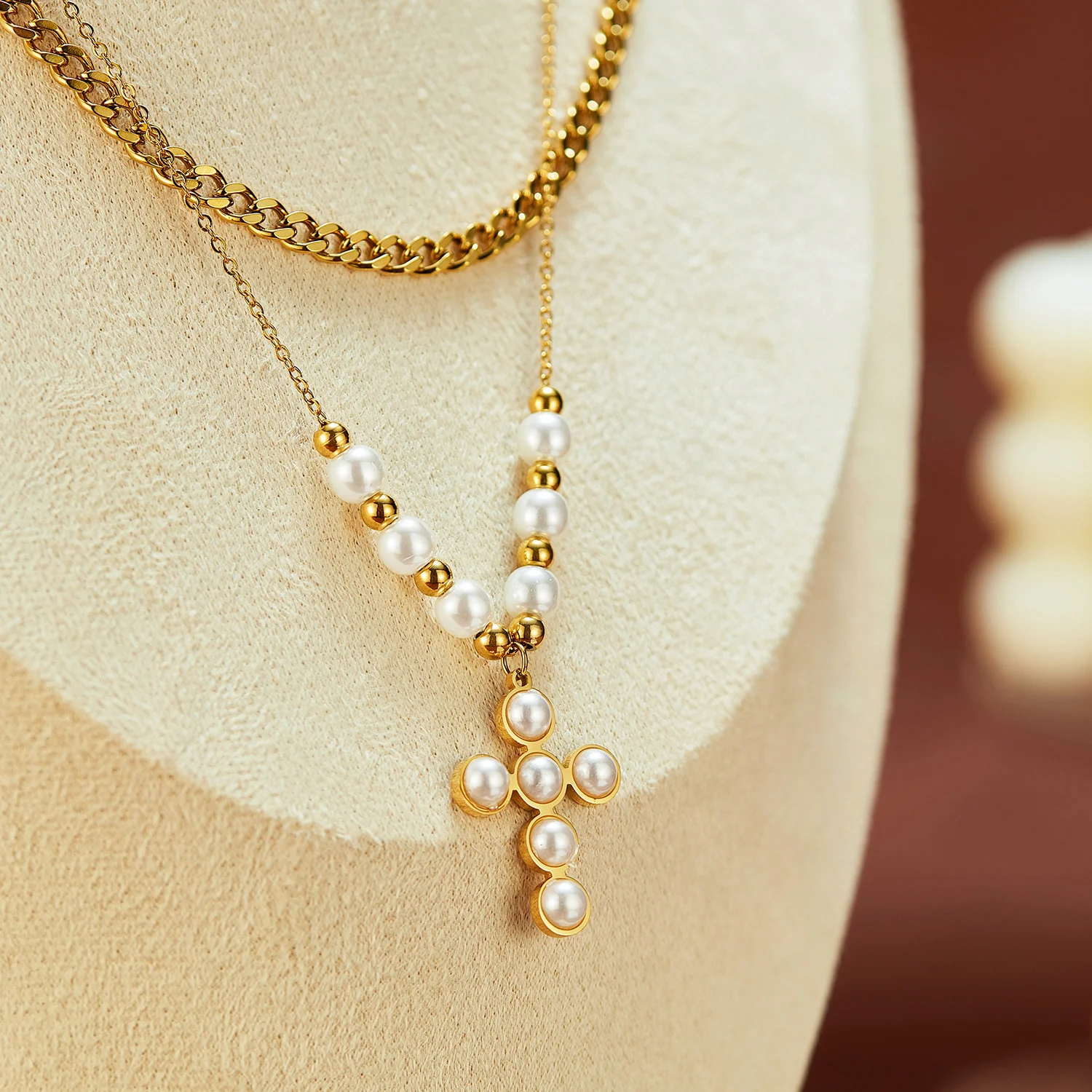 Two Layer Stacked Pearl Cross Pendant Necklace