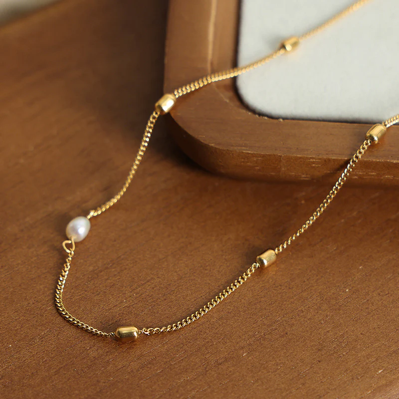Gold Bead Charms Single Pearl Pendant Necklace