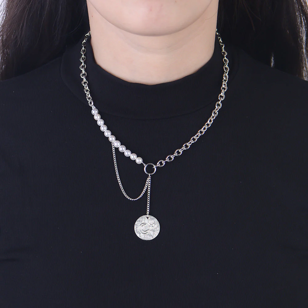 Pearl Necklace Embossed Coin Pendant