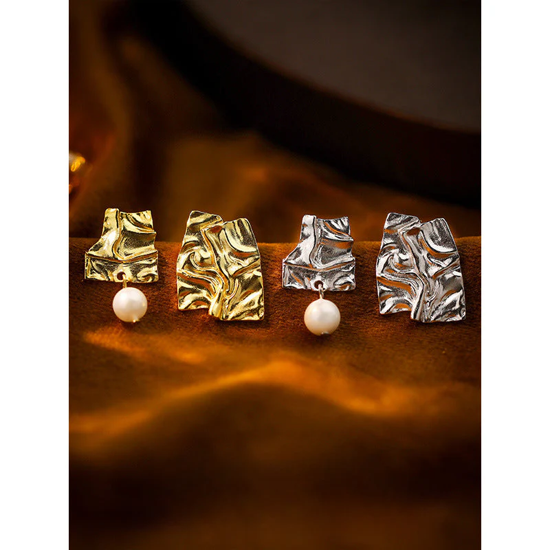 Asymmetrical Tin Foil Pearl Drop Earrings