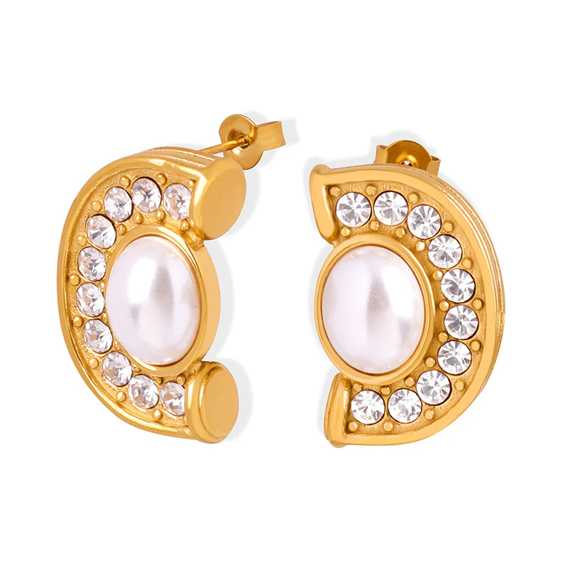 Charming Half Round Pearl and Diamond Earrings
