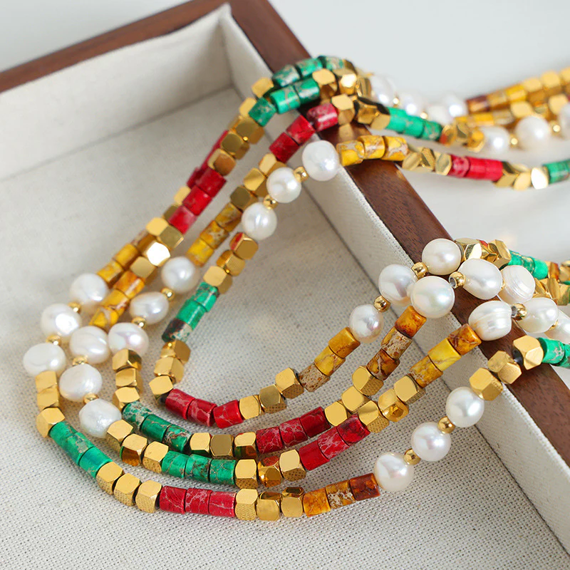 Natural Color Stone Freshwater Pearl Beaded Necklace