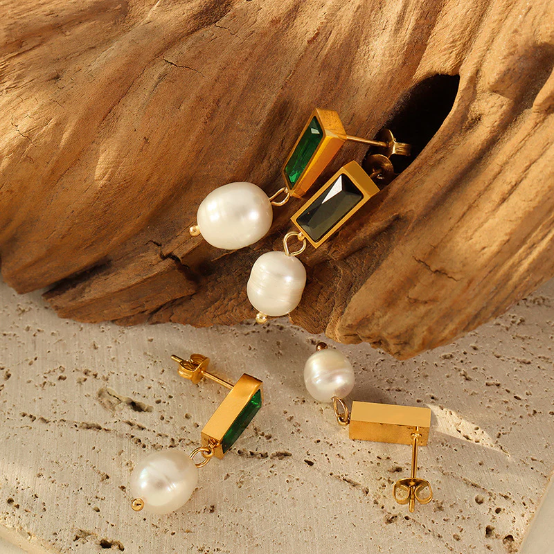 Black Zircon and Emerald Pearl Drop Earrings