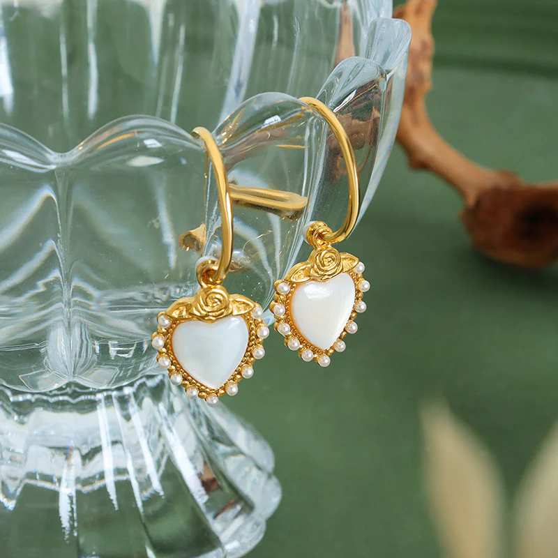 Rose and Pearls Adorned Heart Earrings