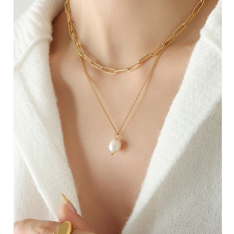 Influencer Paperclip Stacked Necklaces With Pearl Pendant