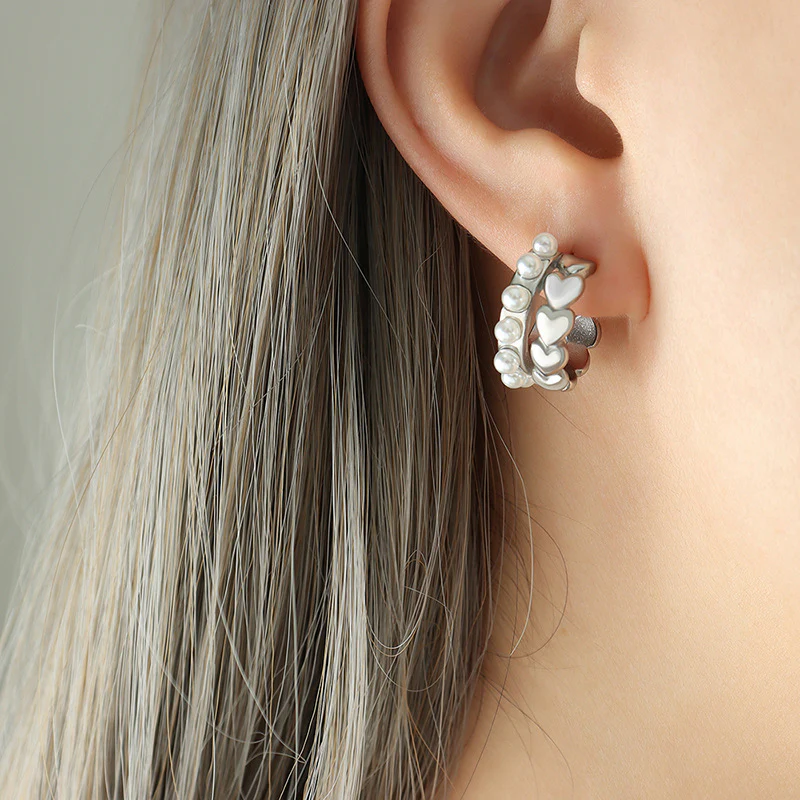 Geometric C Shape Love Heart and Pearl Earring