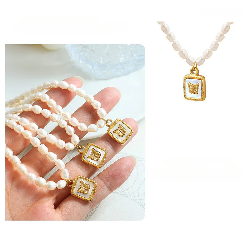 Embossed Butterfly Inlay Mother of Pearl Pendant Necklace