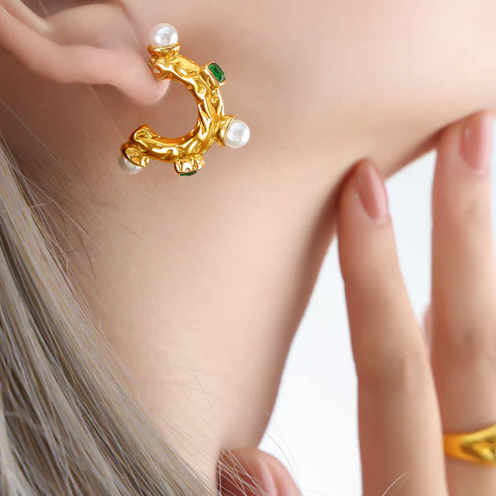 C Shape Emerald and Pearl Earrings