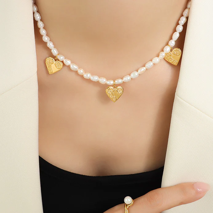 Three Love Heart Charms Freshwater Pearl Necklace