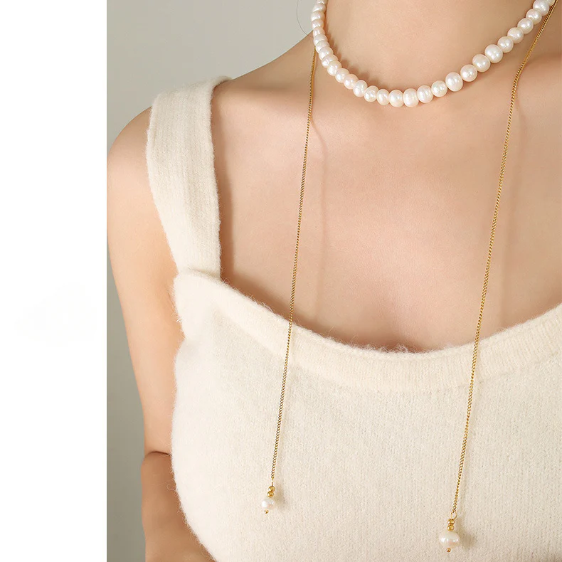 Multi Wear Ways Pullable Long Gold Sweater Chain Freshwater Pearl Necklace