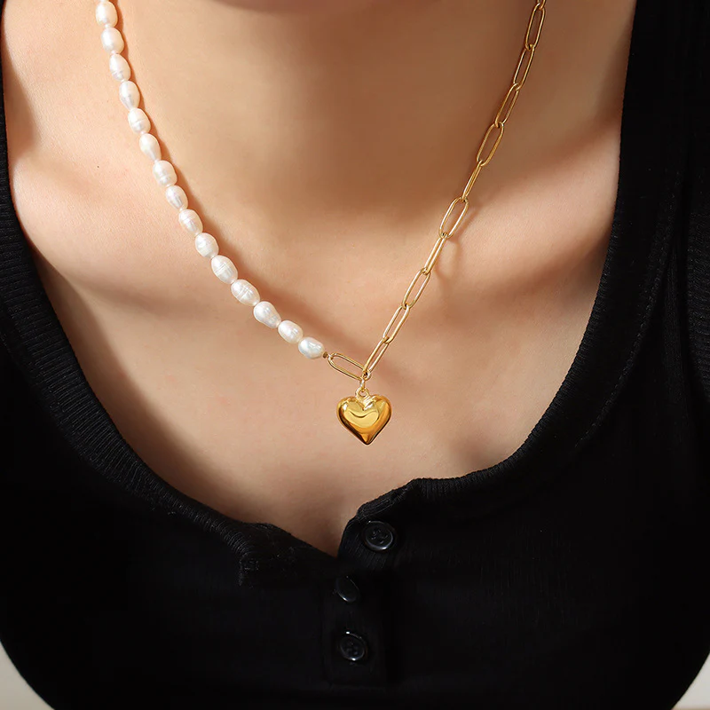 Half Paperclip Chain Half Freshwater Pearl Necklace With Heart Pendant