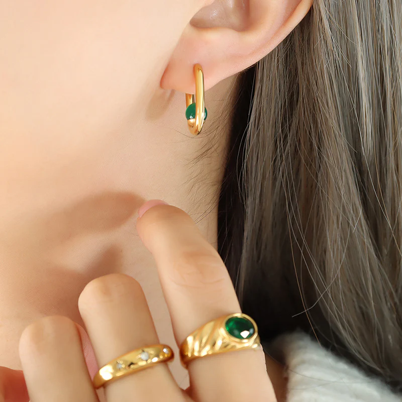 Geometric U Shape Tiger Eye Stone Green Agate Pearl Earrings