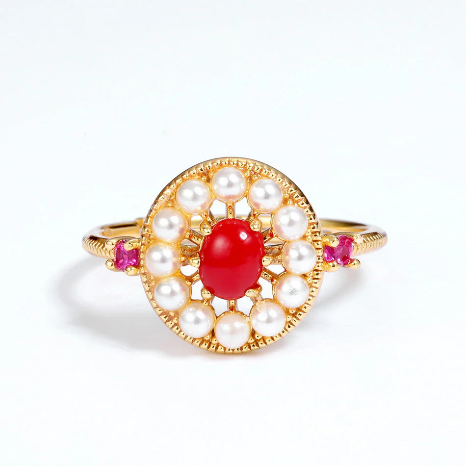 Red Coral and Pearl Ring